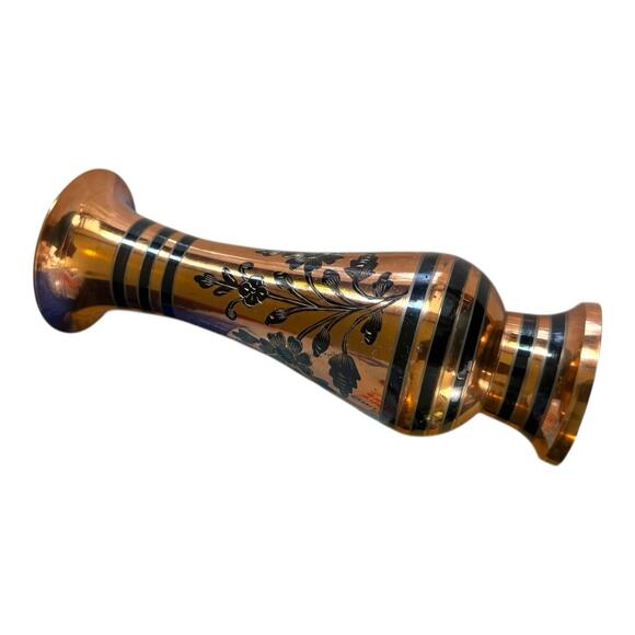 Vintage Brass/Copper Black Etched Floral & Striped Vase ~ 8” Tall Made India EUC - Picture 11 of 12